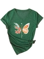 Detail of green V-neck T-shirt with floral butterfly print and stylish front hem knot - Retro Green (White Graphic)