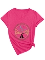 Detail of V-neck rose red T-shirt showing retro desert highway print and hem knot - S / Rose Red