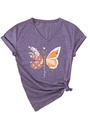 Detail of purple V-neck T-shirt featuring floral butterfly print and magic quote - Purple (White Graphic)