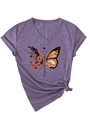 Detail of V-neck T-shirt showing floral butterfly print and stylish knotted hem - Purple (Black Graphic)