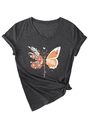 Detail of grey V-neck T-shirt with floral butterfly print and front knot design - Heather Grey (White Graphic)