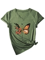 Detail of V-neck heather green tee with magic butterfly floral print and knotted hem - Olive Green (Black Graphic)