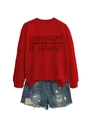 Flat lay of red PICU Pediatric round neck sweatshirt with distressed denim shorts - Bright Red (Black Font)
