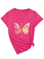 Detail of rose red V-neck T-shirt with 'there is magic' floral and butterfly print - Rose Red (White Graphic)