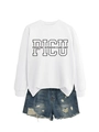 Flat lay of a white PICU Pediatric sweatshirt paired with blue distressed denim shorts - White (Black Font)