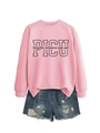 Flat lay of pink PICU sweatshirt with pediatric lettering and ripped denim shorts - Pink (Black Font)
