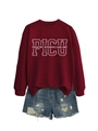 Flat lay of a burgundy PICU sweatshirt paired with distressed blue denim shorts - Wine Red (White Font)