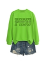 Detailed flat lay of lime green PICU pediatric crewneck sweatshirt with denim shorts - Neon Green (Black Font)