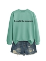 Detail of mint green crewneck sweatshirt with black slogan and denim shorts set - Light Green Sweatshirt (Black Font)