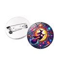 Halloween witch flying over moon glass cabochon brooch with mandala pattern - Silver Full Moon Flight (Silver-9)