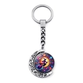 Rotating Halloween witch on broom keychain with silver crescent moon and purple stars - Through Purple Moon Witch (JY009415-9)