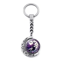Silver Halloween witch broom keychain with spinning moon pendant and purple beads - Purple Moon Night Witch (JY009415-5)