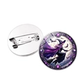 Round Halloween witch on broom crystal brooch pin with purple jewel border design - Silver Moon Night Flight (Silver-5)