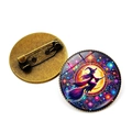 Vintage bronze witch on broomstick glass pin badge with colorful starry moon background - Bronze Full Moon Flight (Bronze-9)