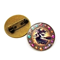 Vintage round witch brooch with purple hair illustration and colorful crystals - Bronze Long Hair Witch (Bronze-10)