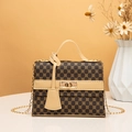 Vintage brown Kelly bag with yellow clover print and gold chain strap for women - Yellow