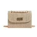 Straw square handbag with woven texture, metal flip-lock, and gold chain strap for summer - Khaki