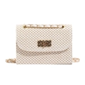 Elegant straw shoulder bag with gold chain strap and metal lock in creamy white finish - Off White