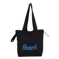 Borsa tote in tela nera minimalista con stampa Beach blu e chiusura a cerniera - Nero