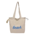 Borsa tote beige con scritte Beach blu e dettagli con coulisse laterale su fondo bianco - Cachi