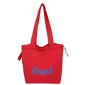 Grande borsa mare rossa in nylon con scritta Beach blu e dettagli laterali a coulisse - Rosso
