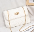 White faux fur crossbody bag with quilted pattern and gold chain strap for women - White
