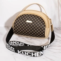 Borsa a tracolla in pelle beige con motivo monogramma marrone e tracolla in tessuto - Albicocca