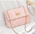 Pink faux fur crossbody bag with quilted rhombic pattern and gold chain strap - Pink