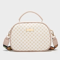 Beige floral shell bag with clover print, pink handles and a colorful striped strap - White
