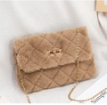 Brown faux fur crossbody bag with quilted rhombic pattern and gold chain strap - Apricot