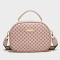 Pink crossbody bag with clover print and colorful rainbow shoulder strap accessory - Pink