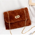 Brown faux fur crossbody bag with quilted pattern, gold chain strap and metal lock closure - Brown