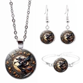 Silver Halloween witch broom necklace, hook earrings and bracelet set with gems - Maple Leaf Witch Style (JY009413-7)