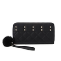 Women's black quilted long zipper wallet with gold rivets and faux fur pompom charm - Black