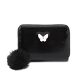 Cartera negra brillante para mujer con detalle de mariposa, cremallera y pompón suave - Negro