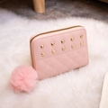 Pink quilted faux leather purse with square gold studs and soft fur pompom keychain - Pink