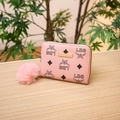 Pink short printed wallet with decorative fur pom-pom and gold metal accents - Pink