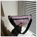 Detail of lavender crescent crossbody bag with black nylon strap and zipper pocket - Purple