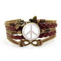 Bracelet multicouche en cuir vintage avec papillons et symbole de paix fleuri - Style de Signe de Paix Marguerite Blanche (JY009417-7)