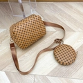 Brown crossbody floral bag set with mini coin purse and adjustable nylon shoulder strap - Tan