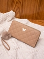 Elegant khaki quilted leather long wallet for women with butterfly detail and pom pom - Khaki