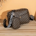 Brown vintage quilted crossbody bag with coin pouch and lettered wide strap - Dot Coffee