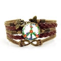 Bracelet vintage multicouche en cuir avec papillon bronze et signe de paix floral - Style de Signe de Paix en Cuir Marron Foncé (JY009417-9)