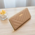 Elegant beige long quilted women's wallet with gold metal plate and zip closure - Apricot