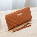 Brown quilted faux leather long wallet for women with golden metal plate and wrist strap - Brown