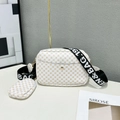 Retro lattice embroidered crossbody bag with coin purse and wide lettered strap in cream - White Polka Dot
