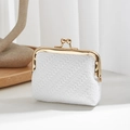Mini white woven shell coin purse with gold kiss-lock closure and elegant texture - White