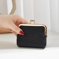 Mini black woven shell coin purse with gold kiss-lock clasp held in a woman's hand - Black