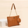 Caramel brown quilted wavy tote bag set with round pouch and gold chain shoulder strap - Brown