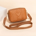 Brown camera crossbody bag with heart embroidery and adjustable woven shoulder strap - Brown